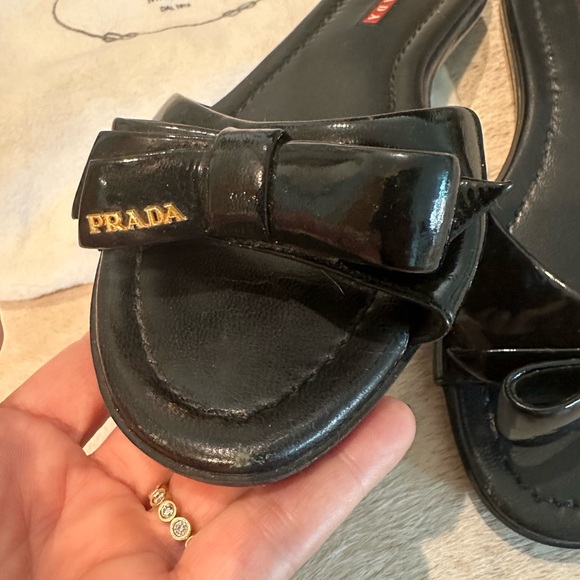 Prada black patent bow flat sandals 7.5 - Picture 3 of 11